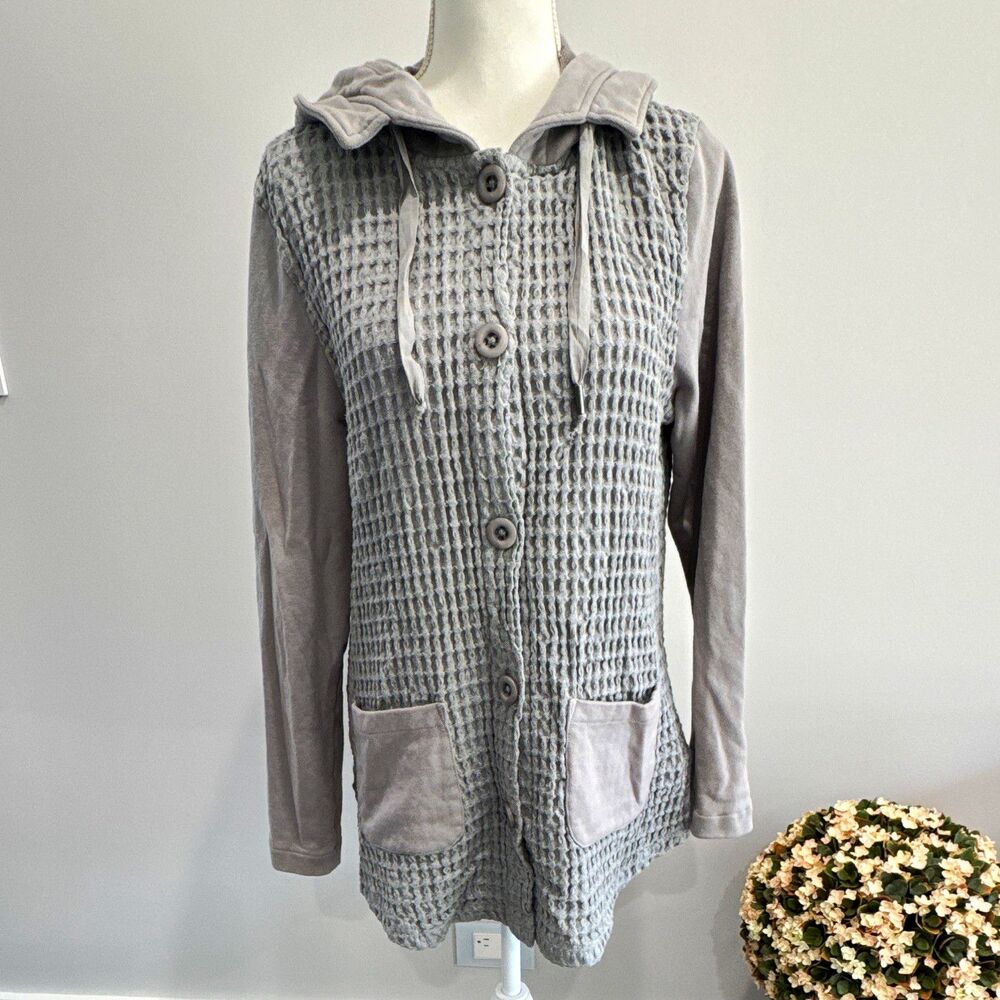 Mod-o-doc Gray Waffle Knit Button Front Hooded Hoodie w/ Pockets Womens M
